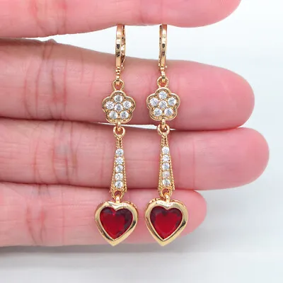 18K Yellow Gold Filled Women Red Mystic Topaz Love Heart Dangle Earrings Jewelry • $2.99