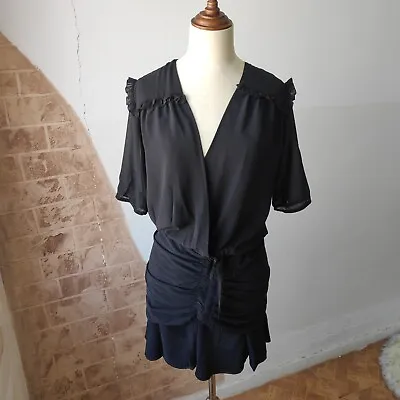 Maurie And Eve Dress Ruched US 4 Tie Black Mini Ruffle V Neck Wrap  Dress • $25.89