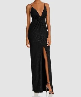 $195 Aidan Mattox Women's Black Plunge Draped Metallic Jersey Gown Dress Size 0 • $62.78