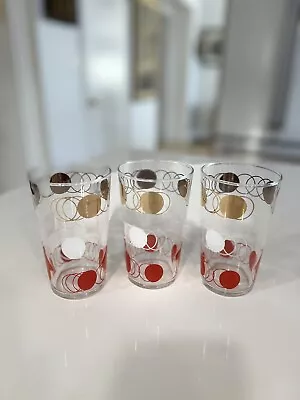 Vtg Set Of 3 Retro Mcm Polka Dot Atomic Glass Tumblers Barware Red/gold/white • $19
