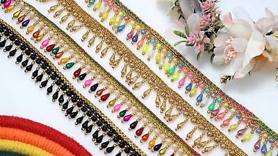 2 Yrds Beaded Fringe Drop Shape Pearl Vintage Style Trim Ribbon Sewing On Edging • £5.99