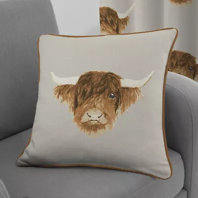 Fusion Highland Cow Print 100% Cotton Cushion Cover Natural 43 X 43 Cm • £7.49