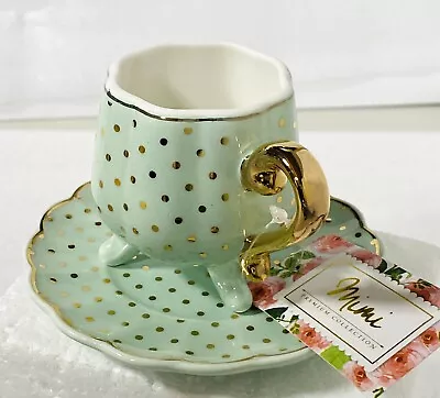 Green Gold Polka Dot Mini Porcelain Cup Saucer NEW Mimi Premium Collection • $14