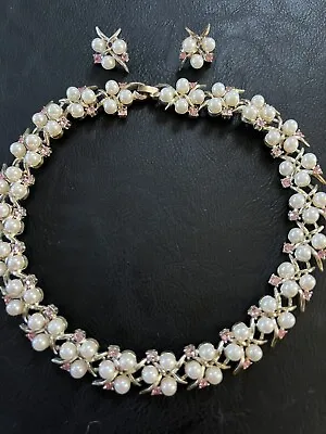 VINTAGE Unsigned Trifari Faux Pearl & Rhinestone Necklace Set 1950s High Quality • $48