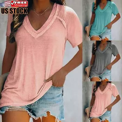 $13.48 • Buy Womens Summer Short Sleeve V Neck T Shirt Tops Ladies Casual Loose Blouse Tee US