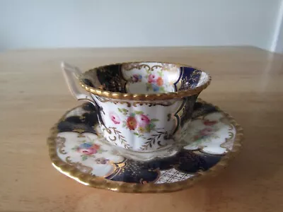 Coalport Batwing Colbat Blue Gilt With Floral Panels Small Cup And Saucer VGC • £53.50