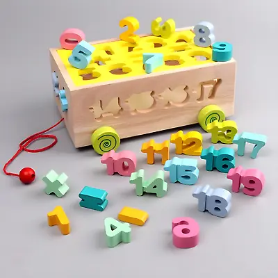 Wooden Pull Along Toy Car Box With Colourful Numbers & Shape Blocks • £19.99