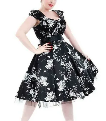H & R London Black White Floral Graphite Black Tulle Swing Dress 80's 50's 6690 • $40