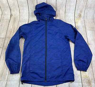 Mens Asics Blue Packable Windbreaker Jacket Hood Water Wind Resistant Small • $20