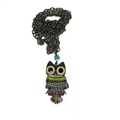 Vintage Multicolor Enamel Articulating Owl Pendant On Chain Necklace Boho • $9.99