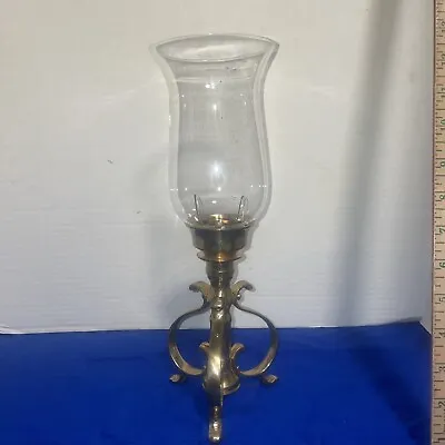 Vtg Brass Candlestick Holder-Hurricane Glass Shade 12” -Estate Find • $13.80