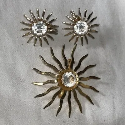 $18 • Buy Vintage Sarah Coventry SUN Brooch & Earrings Jewelry Set Gold Tone