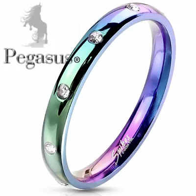 SIZE T - Ladies Rainbow Titanium Cz Crystal Half Eternity Dome Band Ring • £6.99