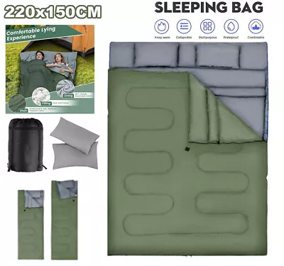 Double Sleeping Bag 4 Seasons Lightweight Camping Bag W/2 Pillows & Carrying Bag • £30.39