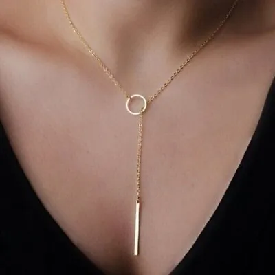 Lady Fashion Lariat Necklace Long Strip Pendant Minimalist Circle Bar Chain  • £3.45