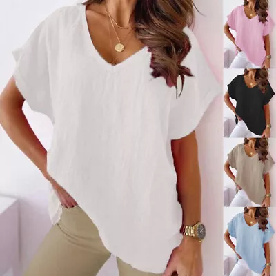 $11.61 • Buy Women T Shirt Blouse Short Sleeve Pullover Tunic Tops V Neck Loose Linen Summer*