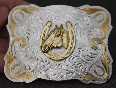 Montana Silversmiths Silver And Gold Horse & Horseshoe Motif Western Belt Buckle • $113.74