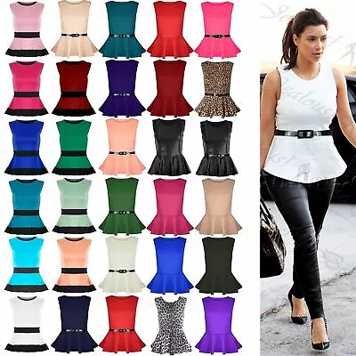 New Womens Plus Size Peplum Top Ladies Sleeveless Belted Frill Skater Mini Dress • $7.16