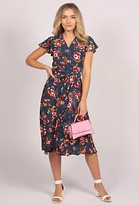 TENKI NEW Ruffle Sleeve Floral Midi Dress BLUE Sizes 8 - 18 Oasis Fashion Womens • £10.99