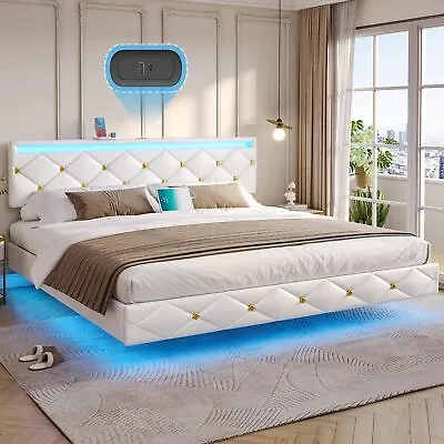 Floating King Bed Frame LED Queen Platform Bed W/Leather Upholstered Headboard • $269.89