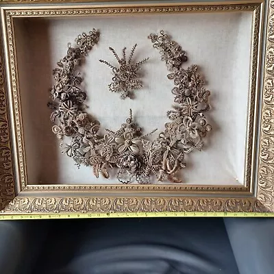   Antique Victorian Mourning Wreath Human Hair Shadow Box W/Gold Frame • $486.55