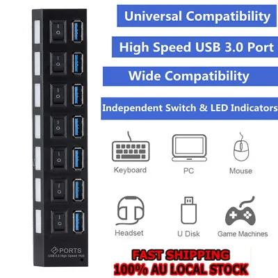 $18.69 • Buy 7 Port USB 3.0 HUB High Speed Powered AC Adapter Cable PC Splitter Extender LED