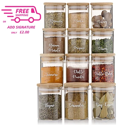 £24.95 • Buy Glass Spice Storage Jars Bamboo Wood Lid 150ml Set 12 With Mrs Hinch Font Labels
