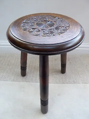 Small Victorian 3 Turned Legs Hardwood Stool Intricately Carved Seat Gothic • £60