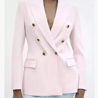 Zara Pastel Pink Blazer Fancy Button Double Breast Lined Notch Lapel Jacket New • $124.99