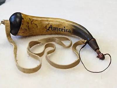 Small Bag Powder Horn  America  W Wooden Plugs & Braintan Leather Shoulder Strap • $120