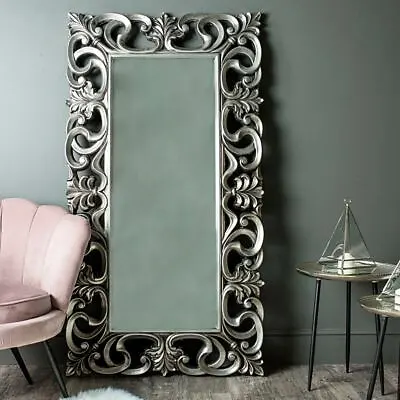 Large Ornate Silver Bevelled Wall Floor Leaner Mirror Vintage French Shabby Chic • £212.95