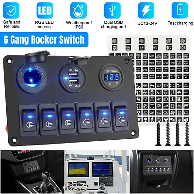 Car Marine Boat 6 Gang Waterproof Circuit Blue LED Rocker Switch Panel Breaker • $23.98