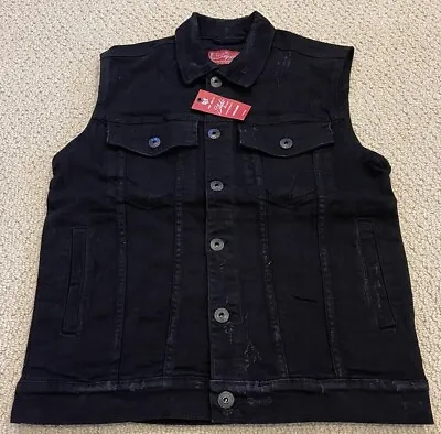 NWT Men's Stylo Black Button Down Trucker Distressed Denim Jean Vest ALL SIZES • $19.99