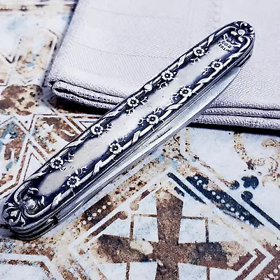 LA PIERRE Vintage Sterling Silver Folding Pocket Knife Flower Floral Art Nouveau • $99