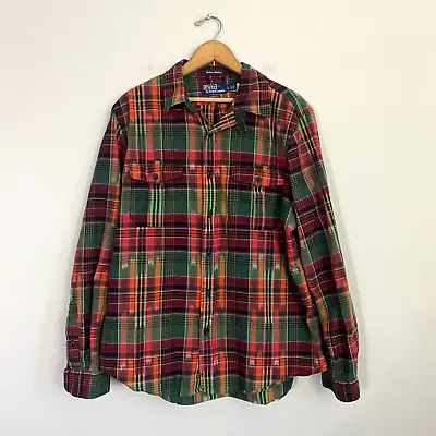 Polo Ralph Lauren Indian Madras Shirt Men Size Large Green Purple Long Sleeve • $12.48