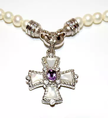 JUDITH RIPKA Signed STERLING SILVER Maltese Cross PENDANT Pearl Necklace 74.4 G • $279.99