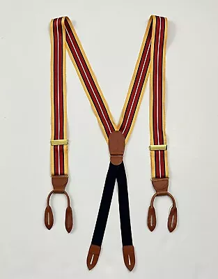 Vtg Cole Haan Mens Suspenders Braces Leather Fittings Yellow Red Navy Stripe • $39.99