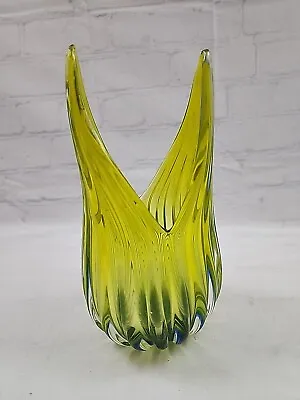 Vintage Val Saint Lambert ? Chartreuse Clear Thick Pulled Ribbed Glass Vase 9   • $79.96