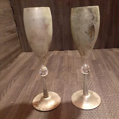 Vintage Metal Champagne Flute Chalice  Set  8.25  Crystal Glass Accent Stem • $10