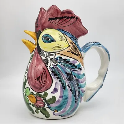 Italian Majolica Rooster Pitcher Hand Made Jug Floral Feathers Artist Signed 8  • $27.92