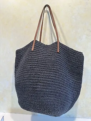 J. CREW Woven Straw Market Tote Bag Large Dark Gray W/ Leather Straps EUC. 54 • $31.99