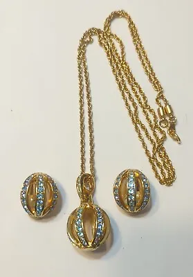 Signed Swarovski Blue Crystal Pendant Necklace & Earrings Set • $44.99