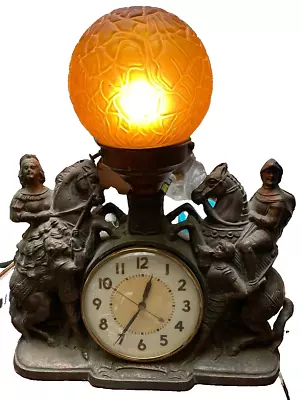 Vtg United Horse Mantel Electric Clock & Lamp ROMANCE ReWorked Glass Ball Shade • $175