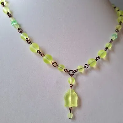 Uranium Glass Necklace Yellow Vaseline Czech Beads Vintage Jewelry Art Deco • $48.50