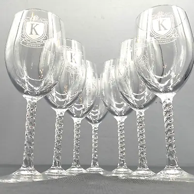 6 Vintage Crystal Monogram Stemware K KENNEDY Frosted Crest Wine Glasses 90s USA • $83.50