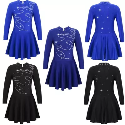 Girls Shiny Rhinestone Long Sleeve Dance Dress For Ice Skating Ballet Dancewear • £8.27