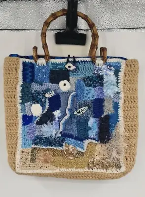 Hand Knitted Bag Nautical Fish Design 16  X 11   X 2  Blue Mix Beach • £9.99