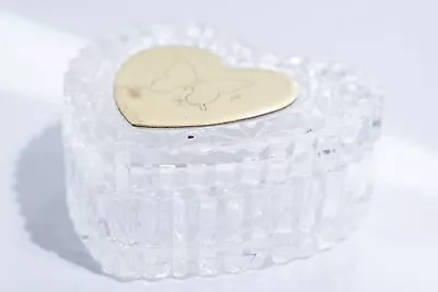 Vintage Heart Shape Crystal Trinket Box Gold Metal Plate With Sketched Butterfly • $14.39