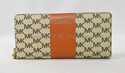 Michael Kors Center Stripe Travel Continental Wallet/Wristlet In Natural/Orange • $159
