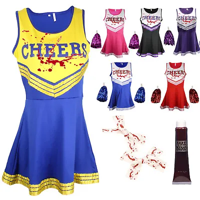 Zombie Cheerleader Halloween Fancy Dress Outfit Costume Bloody Bows & Blood • £18.95